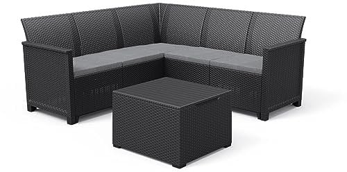 Keter Emma Corner Gartenmöbel-Set für den Außenbereich, Ecksofa mit 5 Sitzplätzen, mit Couchtisch und Kissen, 172 x 172 x 74 cm