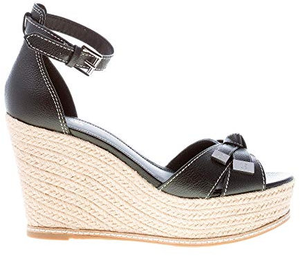Michael Kors Donna Sandalo Ripley Wedge in Pelle Martellata Nero con Fiocco. Zeppa Corda 11 cm Color Nero Size IT 39 - EU 40 (US 9)
