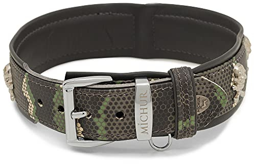 MICHUR Skully Camouflage camo Hundehalsband Leder, Lederhalsband Hund, Halsband, Schwarz Grün, Leder, mit Totenkopf Nieten, in verschiedenen Größen erhältlich