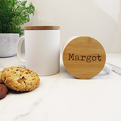 eBuyGB Personalised White Coffee Mug with Engraved Bamboo Lid, Ceramic 370 ml Matt Finish Tea Cup, Custom Tea Lover, Hot Chocolate, Latte, Hot Drink, Birthday Gifts for Him, Her