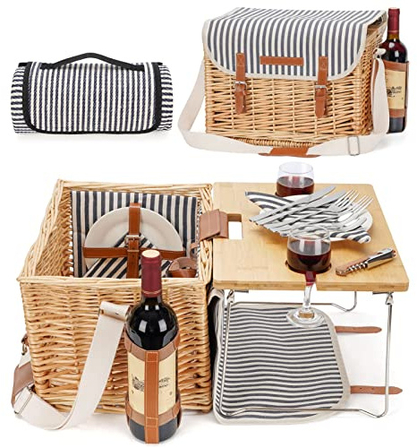 Weiden-Picknickkorb für 2 mit abnehmbarem Tisch, elastischem Weinhalter, Schultertragbares Weiden-Picknick-Set mit Premium-Geschirr & Decke für Outdoor, Hochzeit, Jubiläum, Geburtstagsgeschenk