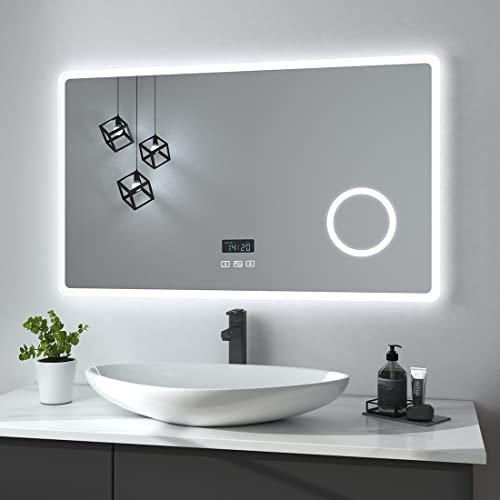Heilmetz Miroir LED Salle de Bain 100 x 60 cm, Miroir Salle de Bain avec Interrupteur Tactile + Anti-buée + Horloge + Bluetooth + Loupe 3X + 3 Couleurs de Lumière, Miroir LED