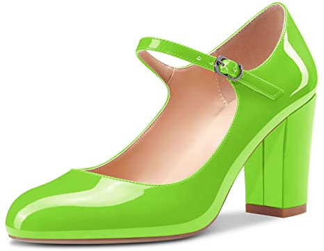 Castamere Donna Medio Chunky Blocco Tacco Heel Rotonda Punta Pumps Mary Jane Cinturino alla Caviglia Ufficio Feste Dress Scarpe 8.5 CM Heels Verde Lime 35 EU