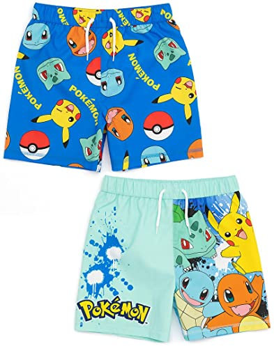Pokemon Badeshorts 2 Pack für Jungen | Kinder Kinder Blau Squirtle Pikachu Charmander Bulbasaur Badehose Trunks | Gamer Bademode Geschenke
