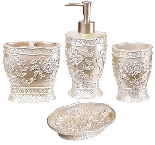 Zahari Home 4pc Rose Vine Bathroom Accessories Sets Lotion Pump, Tumbler, Tooth Brush Holder and Soap Dish Unique Design Beige Bathroom Set