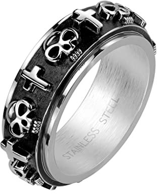 BlackAmazement 316L Edelstahl Dreh Ring Skull Totenkopf Kelten Kreuz Cross schwarz silber gold Biker Herren (Silber, 65 (20,7))