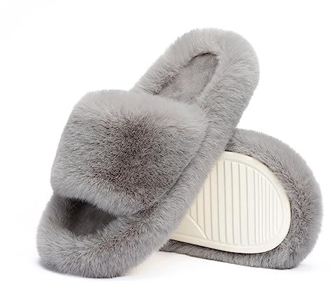 Chantomoo Damen-Hausschuhe Memory-Schaum Haus-und Schlafzimmer-Hausschuhe für Frauen flauschiger Plüsch bequem mit Kunstfell gefüttert Slide-Schuhe Geschenk,Grau,38/39 EU