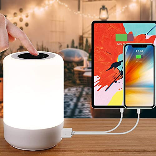 Taipow Bedside Table Lamp with 4 USB Charging Port, 3 Light Modes & 8 Colors, Brightness Adjustable Desk Lamp for Reading Working Sleeping, Touch Night Light Lamps for Bedrooms, Office - White