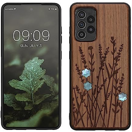 kwmobile Hülle kompatibel mit Samsung Galaxy A52 / A52 5G / A52s 5G Hülle - Holz Case - Handy Cover - TPU Handyhülle in Dunkelbraun Perlmutt-Lavendel