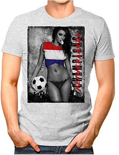 OM3 - Netherlands-Champions - Herren T-Shirt mit Länderflagge Sexy Girl Frau Fußball Trikot Niederlande Holland Vintage Weiß 4XL