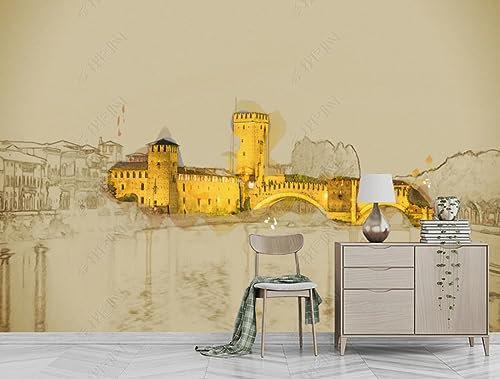 Fototapete 3D Effekt Tapeten 3D Vintage Goldenes Schloss, Das Braunen Hintergrund Errichtet Vlies Tapeten Wandtapete Wanddeko Design Wohnzimmer Schlafzimmer Büro Flur 250Cm(W)*175Cm(H)