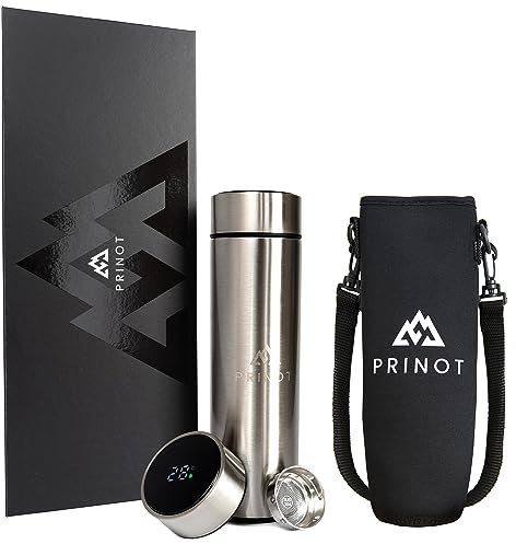 Prinot Termo digital de viaje, acero inoxidable, 0,5l/500ml, pantalla LED táctil con indicador de temperatura, doble pared termica aislante, funda de transporte e infusor de té (inox.)