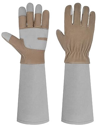 HLDD HANDLANDY Rose Pruning Handschuhe für Frauen & Männer, Long Thorn Proof Leder Gartenhandschuhe mit Unterarmschutz, Garden Work Gauntlet (Grau-braun, S)
