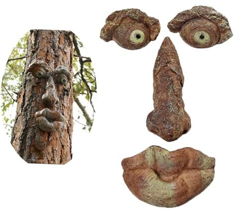 TLHWIN Baumgesichter-Dekor, Gartenzwerg,Gartenzwerge Harzstatue, Modell der Gesichtszüge älterer Menschen Baumstammdekoration für Halloween, Ostern, kreative Requisiten. (B)