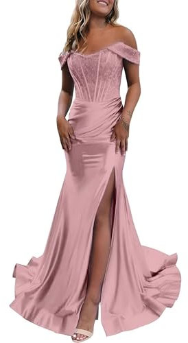 Frauen Schulterfreies Brautjungfer-Ballkleid Mit Schlitz Glitzerndes Pailletten-Abendkleid Lange Meerjungfrauen-Partykleider Dusty Rose L