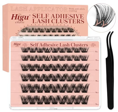 Higu clace Self Adhesive Eyelashes 54pcs, D curl Pre-Glued Lash Clusters Kit 8-16mm, with Lash Tweezers 1 Step Press On Cluster Lashes, No Glue No Remover Needed False Eyelashes (Dense 8-16mm)