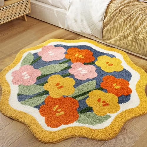 Aldopein Badezimmerteppich mit niedlichem Blumenmuster, rutschfest, waschbar, Boho, bunte Blumen, 91 cm, runder Teppich, Akzent-Überwurf, Teppiche für Küche, Schlafzimmer, Diele, ästhetisch, trendig,