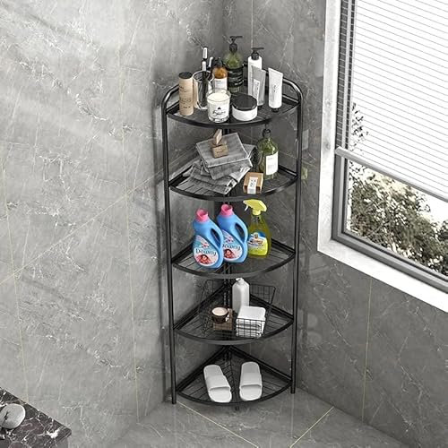 FEFE Corner Storage Shelf Aluminum Plant Pot Stand Storage Shelving, Bookshelf Shelving Display Unit For Bedroom Living Room Home - Black (5-Tier)