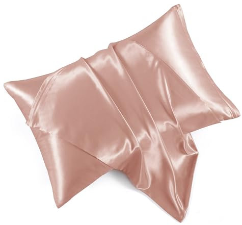 HommxJF Rose Gold Satin Pillowcases with Zipper (20x30),Queen Size Pillowcases Set of 2, Rose Gold Silk Pillowcase for Hair and Skin