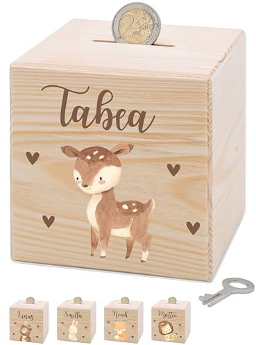 Bärenfreunde® - Personalisierte Spardose Kinder aus Holz mit Metallschloss - Spardose mit Namen mit kinderfreundlichem UV-Druck zum Sparen für Kinderträume (REH)