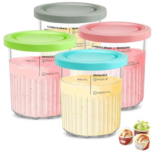 Auvrgmin 4 Stück Creami Behälter für Ninja Creami Deluxe Ice Cream Maker NC501 NC501EU NC500 Series Pints ​​und Deckel, BPA-Free, spülmaschinenfest, Rosa, Grün, Grau und Blau