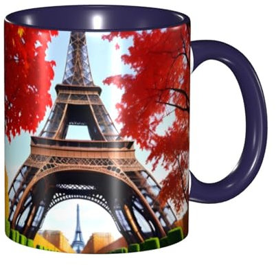 YYHHAOFA Navy Blue Ceramic Mugs Mug Suitable for Cappuccino, Latte, Cereal, Yogurt, Milk, hot or Cold Drinks Micro-Wave Oven Eiffel Tower and Red Leaves Prints