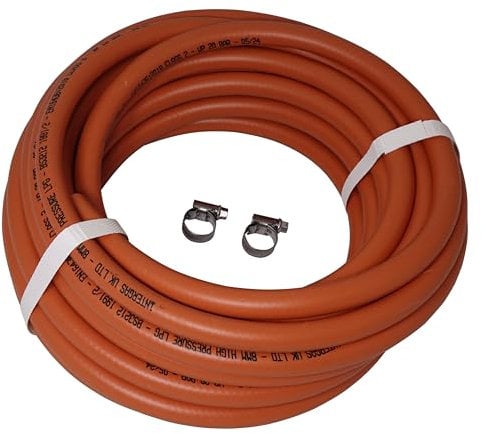 Intergas UK Butane/Propane LPG Gas Hose 8mm Internal bore with 2 Clips (2 Meter)