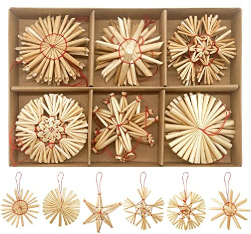 24 Stück Stroh-Weihnachtsbaumschmuck, 6 Stile, 6 cm, Strohstern, Weihnachtsbaum-Hängedekoration, Handgewebtes Stroh-Handwerk (1)