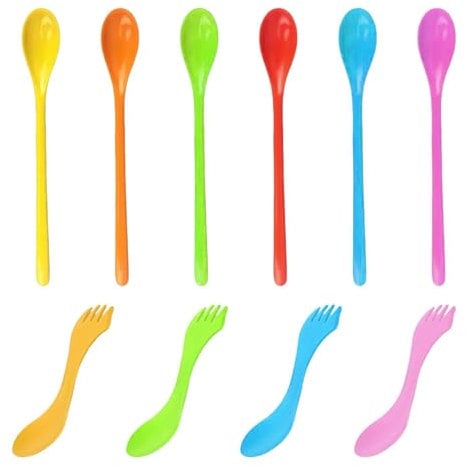 6-Piece Long-Handled Coffee Spoons, 4-Piece Multifunctional Forks, Long Spoons, Large Plastic Spoons, Long Ice Cream Scoops, Long Plastic Latte Spoons