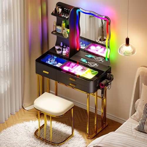 yoofun LED Dressing Table With Mirror And Stool, Smart Makeup Desk with Charging Station, Modern Glass Top Vanity Table Set with 3 Drawers, Open Shelves for Bedroom Ajustable Light (Black)