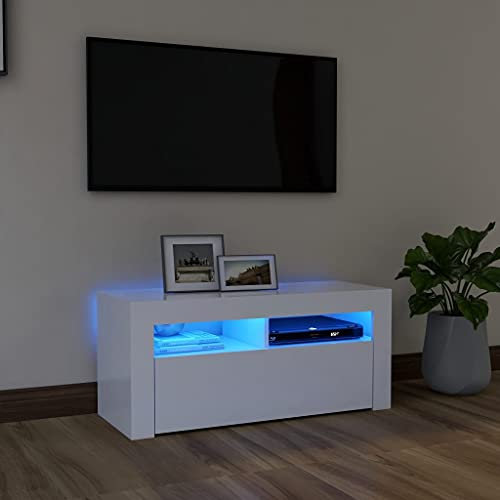 TJROO Meuble TV chambre à coucher 90 x 35 x 40 cm Meuble bas avec lumières LED RVB et grand compartiment avec porte mobile Hi-Fi table stand TV meuble TV salon blanc en aggloméré