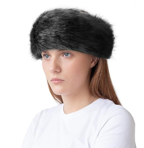WLLHYF Fellmütze Damen Kunstfell Stirnband Winter Warm Pelzmütze Cossack Russische Mütze Wintermütze Faux Fuchs Fell Stirnband Ohrenwärmer Plüschmütze Ohrenschützer Skimütze (Schwarz)