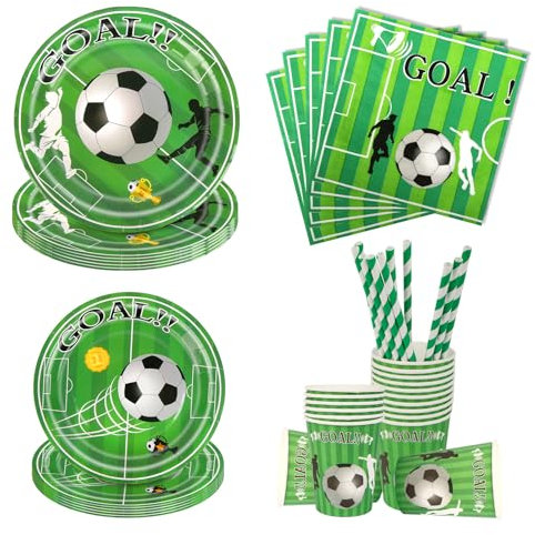 Aitsite Lot de 50 assiettes en carton pour 10 invités avec assiettes en papier, gobelets, serviettes en papier, décoration de football, vertes