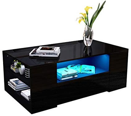 LED Coffee Table for Living Room, Black Gloss Coffee Table with Storage Centre Table with 5 Open Shelves 2 Drawers Sofa Side Table Wooden Rectangle Tea Table with RGB LED Lights Home Furniture