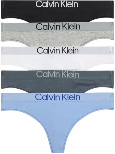 Calvin Klein Women's 5 Pack Thongs with Logo Waistband, Multicolor (Black/White/Grey Heather/Frozen Fio), XL
