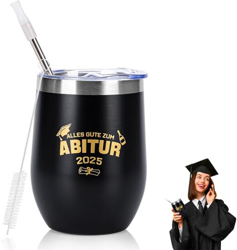Abitur Geschenke 2025 Tazza Abi 2025 Laurea Tazza Termica Personalizzata 350ml Campeggio Tazza Da Caffè In Acciaio Inox Regalo di Laurea per Ragazze Ragazzi Studi Master Nero