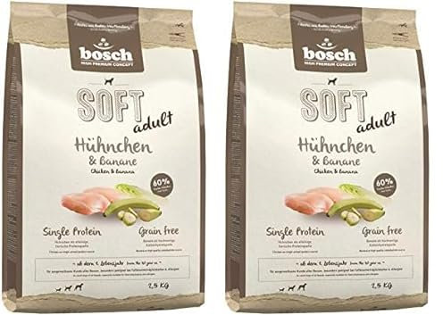 Bosch HPC Soft Hühnchen & Banane | halbfeuchtes Hundefutter für ausgewachsene Hunde Aller Rassen | Single Protein | Grain-Free | 1 x 2.5 kg (Packung mit 2)