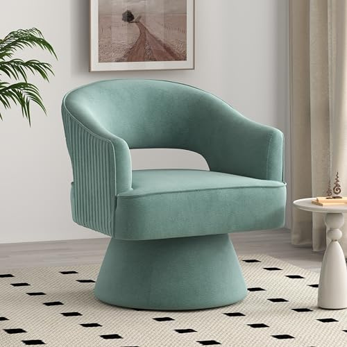 SEYNAR Mid-Century Modern Drehbarer Kuscheltonnen-Akzentsessel, 360-Grad-Drehbarer Runde Sessel, Gepolsterter Vanity-Stuhl, Gestreifter Samtsessel für Wohnzimmer, Schlafzimmer, Arbeitszimmer (Grün)