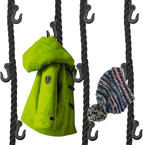 LeTOMA Schwarze Garderobe aus PP-Seil und Metallhaken für Decke und Wand | Praktisch, elegant, platzsparend | Hängegarderobe 180 cm - 1x Seil mit 5 Haken | Handmade in Germany