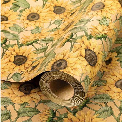 Wikadlik Geschenkpapier mit Sonnenblumen-Motiv, 43 cm x 10 m, Mini-Rolle, florales Geschenkpapier für Hochzeit, Valentinstag, Braut, Muttertag, DIY-Blumenstrauß, Basteln