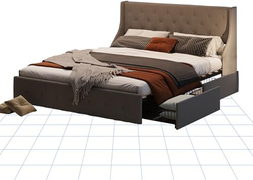 FLEXISPOT King Size Bed Frame Upholstered Platform 4 Drawers Storage and Headboard, Sturdy Wood Slat Support, No Box Spring Needed, Easy Assembly, King Bed Frame Gray 160 * 210CM