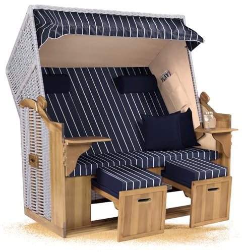Strandkorb Hanse Ostsee XXL 2,5 Sitzer Volllieger Weiß 150cm breit, ideal für Garten, Terrasse und Balkon (Blau Weiß Nadelstreifen, Montiert)