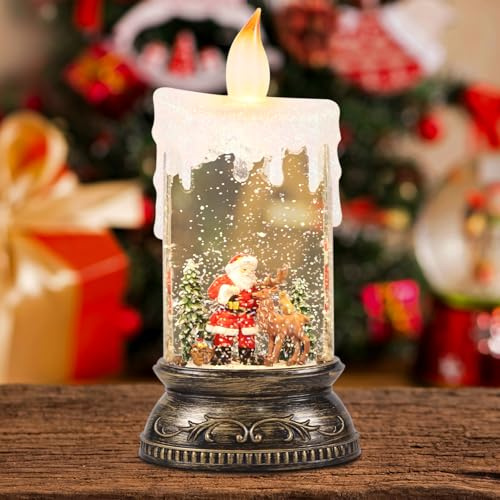 Eldnacele Schneekugel-Weihnachtslaterne mit Schneegestöber und Musik | Timerfunktion, Weihnachtsmann mit Rentier, wirbelnder Glitzer, warm beleuchtet, USB- oder Batteriebetrieb, Weihnachtsdeko