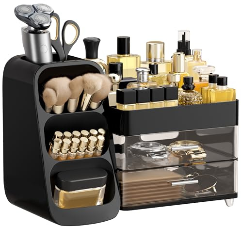 HBlife Makeup Kosmetik Organizer mit Schubladen, Pinsel Organizer, 3-in-1 Plastic Kosmetik Aufbewahrungsbox, Schmink Aufbewahrungskasten Große Lagerung Schwarz