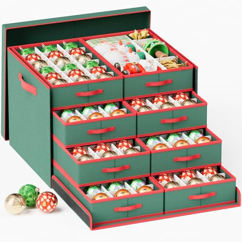 ZIPEEU Scatola porta decorazioni natalizie a 8 ripiani con 144 scomparti, decorazioni festive rosse e verdi, design natalizio, pieghevole con coperchio (Verde-49,8 x 49,8 x 35,5 cm)