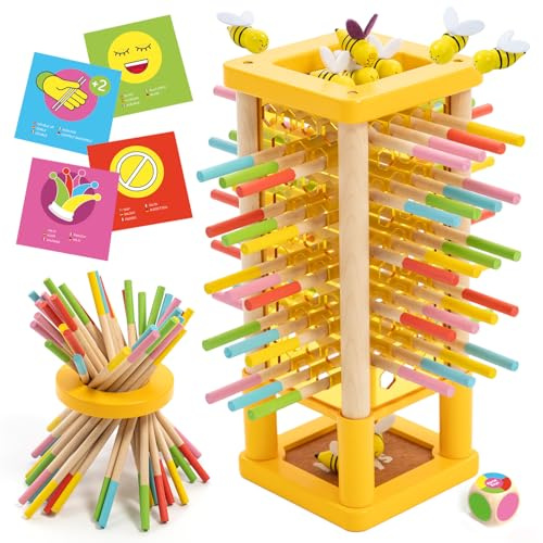 Nene Toys BEEFALL Bienen Geschicklichkeitsspiel für Kinder 3 4 5 6 Jahre – Holz-Turmspiel mit Würfel & Aktionskarten (3 Spielvarianten + Rainbow Sticks) – Montessori Spielzeug, Familienspiel
