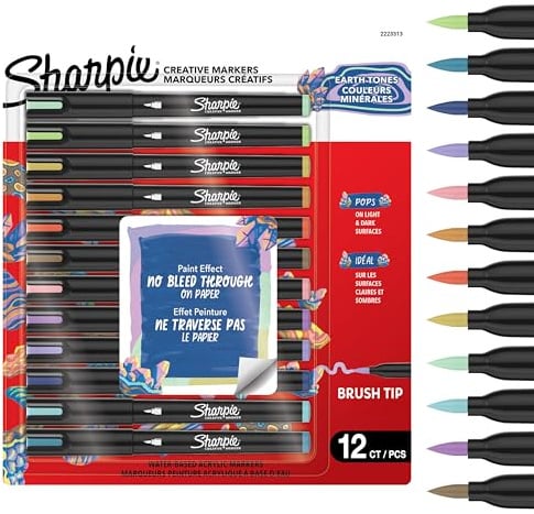 Sharpie Creative Marker Acrylic Paint Pens | Water-Based Paint Markers | No-Bleed Ink Writes on Most Surfaces | Brush Tip | Crafting & Art Supplies | Warm Tones | 12 Count