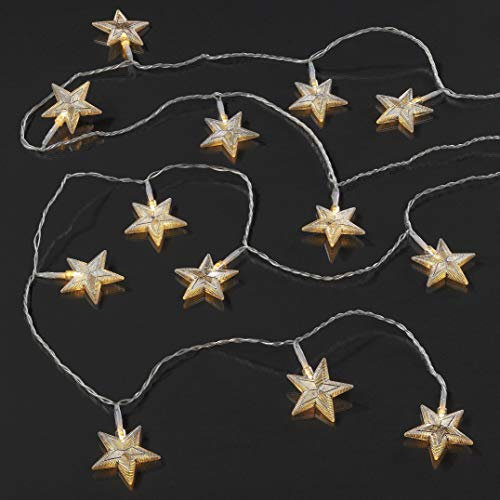 hellum Lichterkette Innen mit Sternen silber aus Metall, 24 LED Stern beleuchtet warmweiß, 3,45m beleuchtete Länge mit Trafo, transparentes Kabel, Weihnachtsbeleuchtung Innen Fenster, 576085