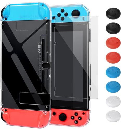 FYOUNG Schutzhülle mit Schutzfolie Kompatibel mit Nintendo Switch, Stoßdämpfung und Anti-Scratch Transparent Hülle Zubehör für Switch mit Displayschutzfolie und Griffkappen (Klar)