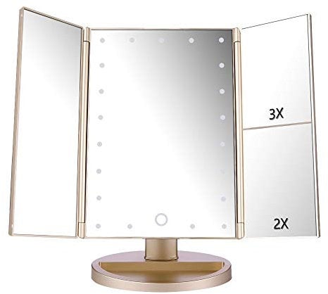 DEWEISN Specchio Trucco con Luci 21 LEDs, Specchio di Vanity Trifold Ruota di 180° Ingrandimento 1x / 2x / 3x Specchio per Il Trucco con Touchscreen Dimmerabile e la Cura Della Pelle (Oro)